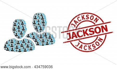 Red Round Stamp Seal Has Jackson Title Inside Circle. Vector Clients Fractal Is Organized From Scatt
