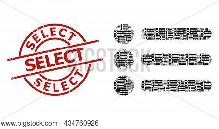 Red Round Stamp Seal Has Select Caption Inside Circle. Vector List Items Collage Is Constructed From