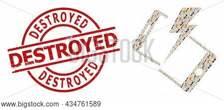 Red Round Stamp Contains Destroyed Text Inside Circle. Vector Smartphone Crash Collage Is Done From 