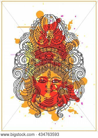 Sketch Of Goddess Durga Matha Or Chamundi Closeup Face Editable Outline Illustration