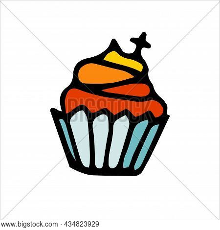 Doodle Cupcake With Cream, Decoration. Hand-drawn Dessert For Kids Parties, Halloween, Baptism, East