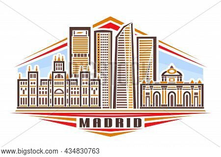 Vector Illustration Of Madrid, Horizontal Poster With Linear Design European Madrid City Scape On Da