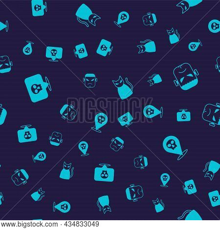 Set Skull, Frankenstein Face, Black Cat And On Seamless Pattern. Vector