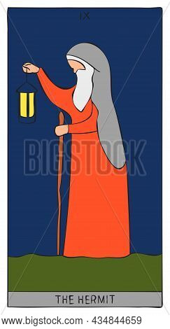 The Image Of The Hermit Of Tarot Card. Design Of Image Of Tarot Card With Hermit. Vector Illustratio