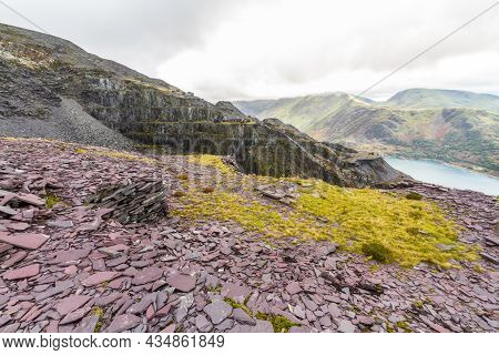 View Over High Slate Quarry To Lake And Mountains.
