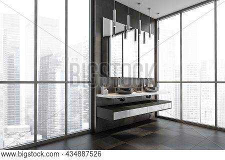 Corner Of The Dark Brown Panoramic Bathroom Interior With A Shelf Vanity And A Floating Countertop, 