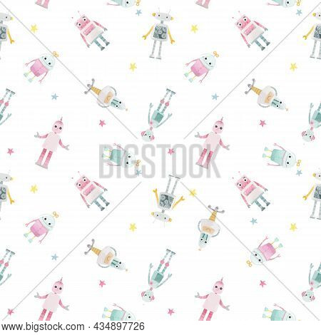 Beautiful Seamless Baby Girl Pattern With Cute Hand Drawn Watercolor Robots. Stock Illustration. Aut
