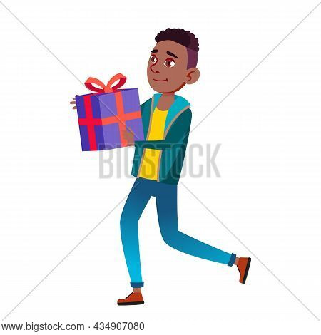 Teenager Boy Running With Present At Birth Vector. African Teen Running With Gift Present At Anniver