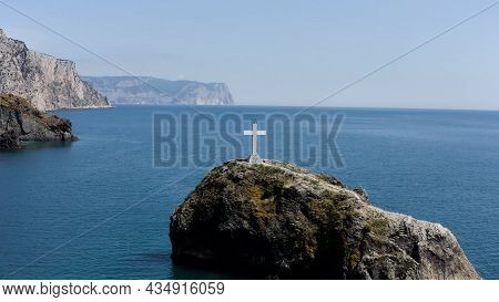 Aerial View Of Beautiful Cape Fiolent And The Rock Of St. George With A White Cross. Action. Marine 