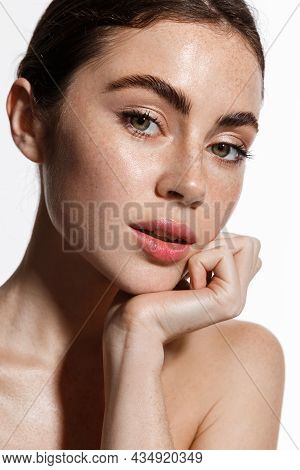 Attractive Female Model With Natural Makeup, Glowing Healthy Skin After Shower, Looking Sensual At C