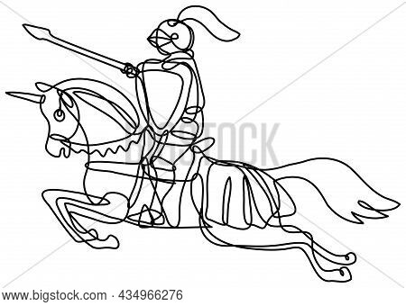 Continuous Line Drawing Illustration Of A Medieval Knight With Lance And Shield Riding Stead Done In