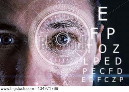 Abstract Eyesight Image With Attractive European Man Portrait, Digital Eye Lens And Letters On Dark 