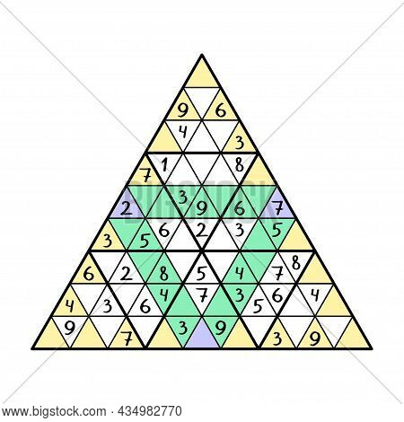 Tridoku Number Game For Kids Colorful Vector Illustration. Place Number From 1 To 9 In Each Big Tria