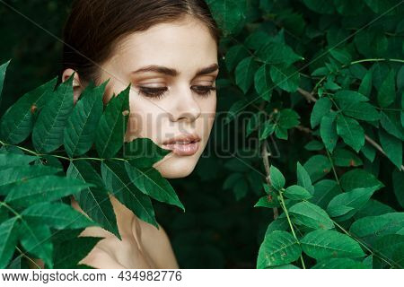 Portrait Of A Woman Green Leaves Clean Skin Nature Summer Model