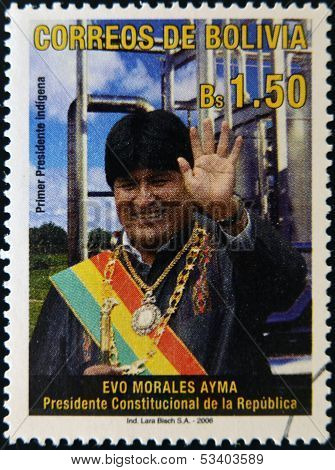 A stamp printed in Bolivia shows Evo Morales first indigenous president