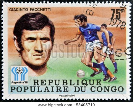 stamp printed in Congo dedicated to the World Cup in Argentina 1978 shows Giacinto Facchetti
