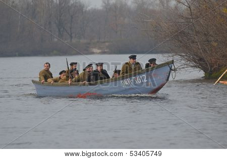 KIEV, UKRAINE -NOV 3  An unidentified members of Red Star history club wear historical Soviet uniform during historical reenactment of WWII, Dnepr river crossing 1943, November 3, 2013 . Kiev, Ukraine
