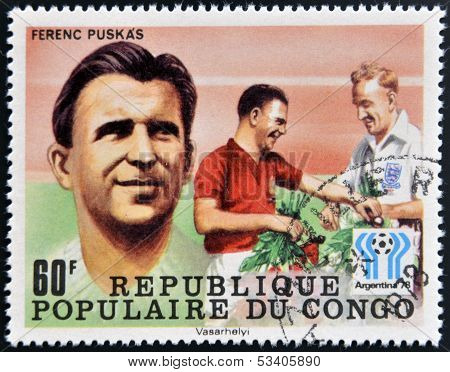 stamp printed in Congo dedicated to the World Cup in Argentina 1978 shows Ferenc Puskas