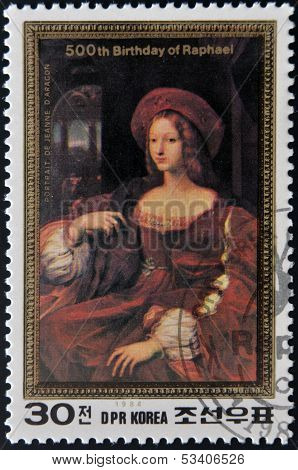 NORTH KOREA - CIRCA 1984: A stamp printed in DPR Korea shows portrait of Jeanne D'Aragon by Raphael