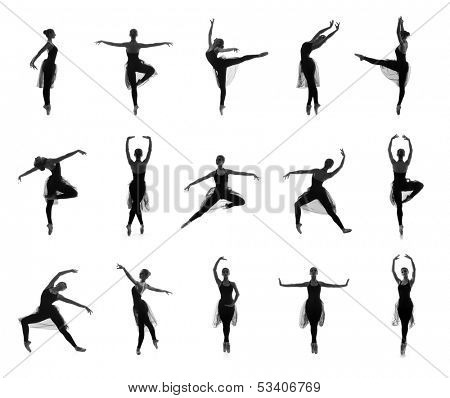Collection of different ballet poses. Black and white silhouettes isolated on white.