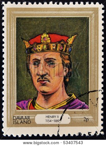 stamp printed in Davaar Island dedicated to the kings and queens of Britain shows King Henry II