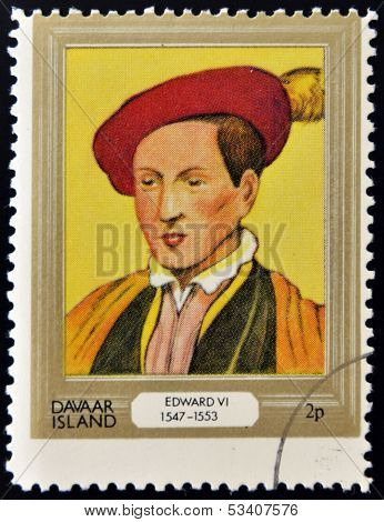 stamp printed in Davaar Island dedicated to the kings and queens of Britain shows King Edward VI