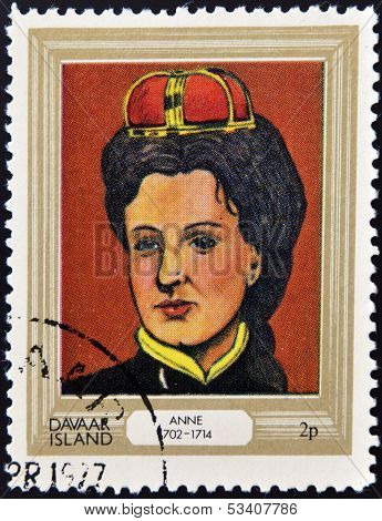 stamp printed in Davaar Island dedicated to the kings and queens of Britain shows Queen Anne