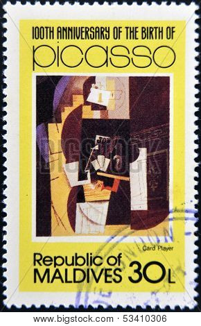 stamp printed in Malldives Islands shows card player by Pablo Ruiz Picasso