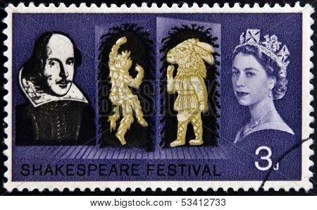 stamp printed in Great Britain dedicated to the 400th anniversary of William Shakespeare