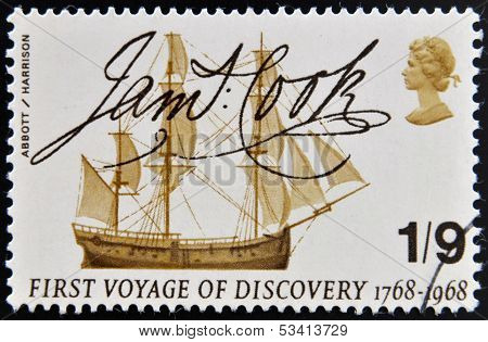 A stamp printed in Great Britain shows Captain Cook's Endeavour and Signature