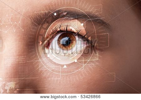 Modern cyber girl with technolgy eye looking