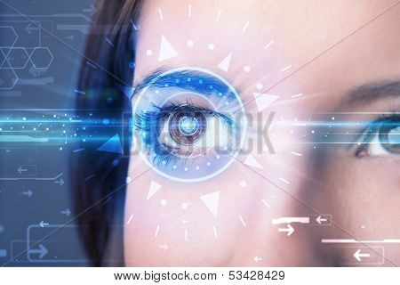 Modern cyber girl with technolgy eye looking into blue iris