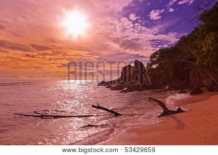 Seychelles Tropical Beach At Sunset