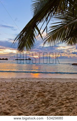 Seychelles Tropical Beach At Sunset