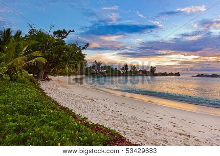 Seychelles Tropical Beach At Sunset