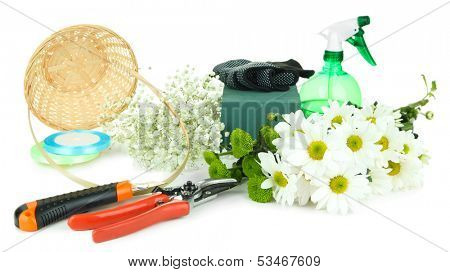 Composition with florist tools isolated on white