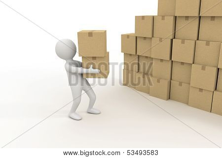 3D Small Person And Pile Of Cardboard Boxes