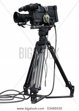 Professional Video Camera Set On A Tripod Isolated Over White