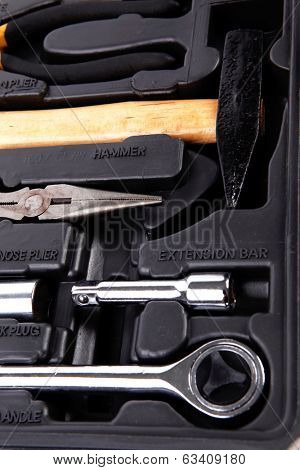 toolbox set of tools include hammer wrench bit driver pliers hex key bush level hex key