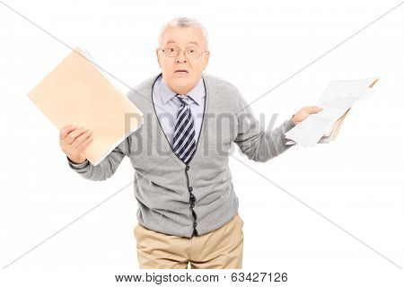 Senior man panicking with papers in his hand isolated on white background