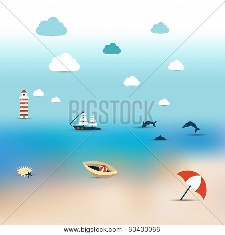 Summer illustration of sun beach. Turquoise see, ship, dolphins and infinite ocean. Blur background.