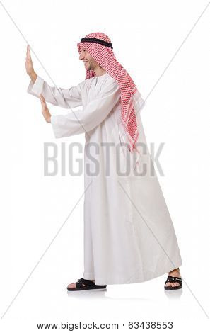 Arab man pushing away  virtual obstacle  isolated on white