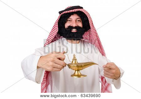 Funny arab man with lamp  isolated on white