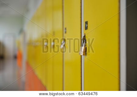 High School hallway showing yellow student lockers