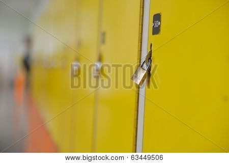 High School hallway showing yellow student lockers
