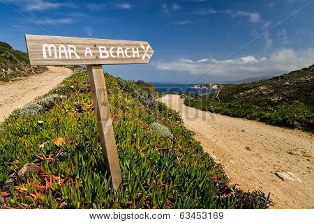 Signpost Pointing To The Beach At La Revellata Near Calvi In Corsica