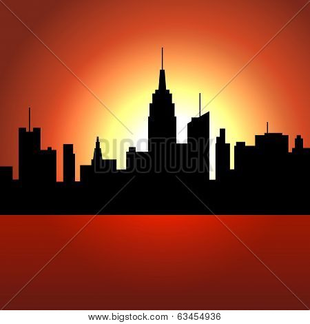 Sunset over City Skyscrappers. Vector Silhouette
