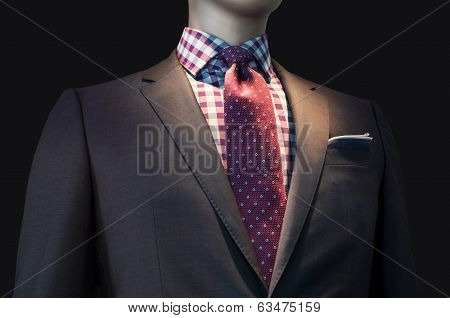 Brown Jacket With Checkered Shirt And Red Tie