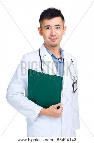 Profession asian doctor holding clipboard