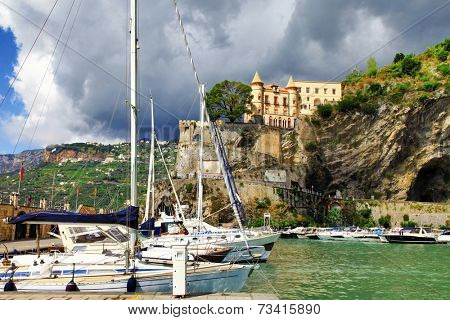 scenic Amalfi coast - Minori village, view with yachts and castl